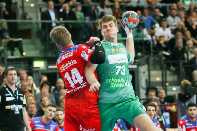 DHfK Balingen Handball Leipzig, 10 10 2019, Arena Leipzig, Handball, 1 Bundesliga, 9 Matchday , SC DHfK HBW Balingen Weilstetten 27 26 10 14 , In the picture v l Oddur Gretarsson 14, Balingen and Viggo Kristjansson Kristjansson 73, Leipzig ,
