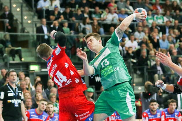 DHfK Balingen Handball Leipzig, 10 10 2019, Arena Leipzig, Handball, 1 Bundesliga, 9 Matchday , SC DHfK HBW Balingen Weilstetten 27 26 10 14 , In the picture v l Oddur Gretarsson 14, Balingen and Viggo Kristjansson Kristjansson 73, Leipzig ,