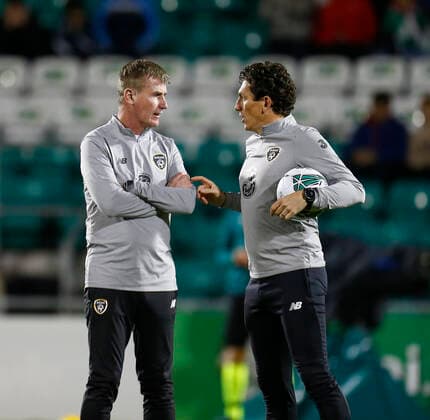 10th October 2019; Tallaght Stadium, Dublin, Leinster, Ireland; 2021 Under 21 European Championships Qualifier, Ireland Under 21 versus Italy Under 21; Stephen Kenny Ireland coach has a chat with Keith Andrew - Editorial Use  ActionPlus12176193 PeterxFitzpatrick