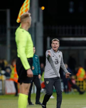 10th October 2019; Tallaght Stadium, Dublin, Leinster, Ireland; 2021 Under 21 European Championships Qualifier, Ireland Under 21 versus Italy Under 21; Stephen Kenny, Irish coach reacts to the linesmans call - Editorial Use  ActionPlus12176204 PeterxFitzpatrick