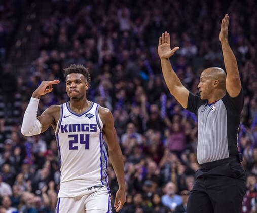 March 23, 2019, Sacramento, CA, USA: The Sacramento Kings Buddy Hield (24) celebrates a 3-point basket as referee Marc Davis signals the play against the Phoenix Suns on March 23, 2019, at the Golden 1 Center in Sacramento, Calif. Kings guard Buddy Hield could lose millions in firestorm between NBA, Basketball Herren, USA and China - ZUMAm67_ 20190323_zaf_m67_072 Copyright: xHectorxAmezcuax