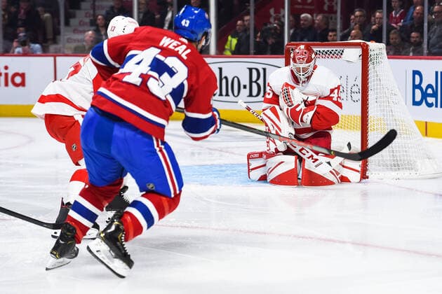NHL, Montreal Canadiens - Detroit Red Wings MONTREAL, QC - OCTOBER 10: Detroit Red Wings goalie Jonathan Bernier (45) stops a shot from Montreal Canadiens center Jordan Weal (43) during the Detroit Red Wings versus the Montreal Canadiens game on October 10, 2019, at Bell Centre in Montreal, QC (Photo by David Kirouac Icon Sportswire) NHL, Eishockey Herren, USA OCT 10 Red Wings at Canadiens Icon191010003