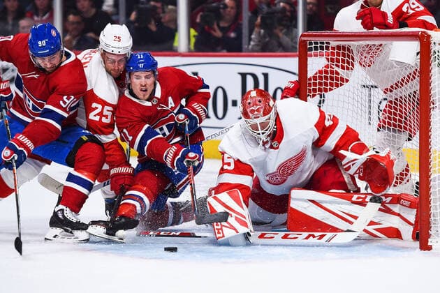 NHL, Montreal Canadiens - Detroit Red Wings MONTREAL, QC - OCTOBER 10: Montreal Canadiens right wing Brendan Gallagher (11) works hard trying to score against Detroit Red Wings goalie Jonathan Bernier (45) during the Detroit Red Wings versus the Montreal Canadiens game on October 10, 2019, at Bell Centre in Montreal, QC (Photo by David Kirouac Icon Sportswire) NHL, Eishockey Herren, USA OCT 10 Red Wings at Canadiens Icon191010013