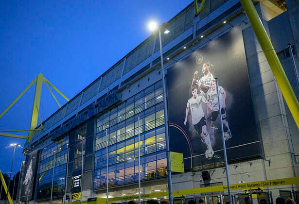 Feature, advertising poster at Signal Iduna Park stadium with Serge GNABRY GER , Kai HAVERTZ GER , Julian BRANDT GER , football international, friendly match, Germany GER Argentina ARG 2 2, on 09 10 2019 in Dortmund Germany Â