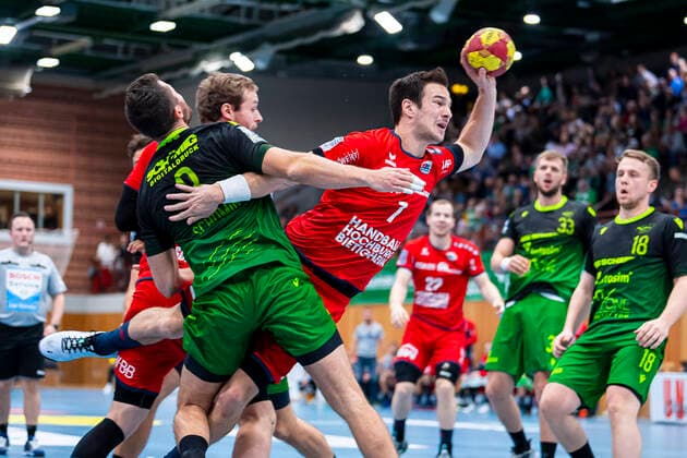 Würzburg, Germany 11 October 2019 2 BL 19 20 DjK Rimpar Wölfe vs SG BBM Bietigheim v left Dominik Schoemig Rimpar , Dominik Claus SG BBM Bietigheim Würzburg s Oliver Arena Germany