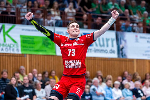Würzburg, Germany 11 October 2019 2 BL 19 20 DjK Rimpar Wölfe vs SG BBM Bietigheim Martin Marcec SG BBM Bietigheim Jubel Freude Freude Emotion Torjubel Torschuetze Torschütze Würzburg s Oliver Arena Germany