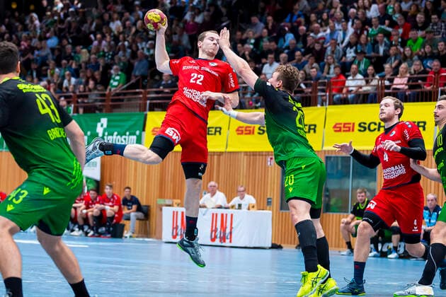 Würzburg, Germany 11 October 2019 2 BL 19 20 DjK Rimpar Wölfe vs SG BBM Bietigheim Jonas Link SG BBM Bietigheim , Lukas Siegler Rimpar Würzburg s Oliver Arena Germany