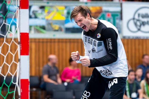 Würzburg, Germany 11 October 2019 2 BL 19 20 DjK Rimpar Wölfe vs SG BBM Bietigheim Torhueter Jonas Maier SG BBM Bietigheim Jubel Freude Emotion Würzburg s Oliver Arena Germany