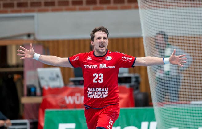 Germany, Würzburg, s Oliver Arena, 11 10 2019, Handball, 2 Bundesliga, DJK Rimpar Wölfe SG BBM Bietigheim Picture v l Jan Asmuth SG BBM Bietigheim celebrates his goal, rejoices, cheers, emotions Copyright: HMBxMedia xHeikoxBecker
