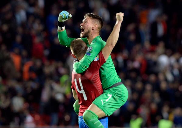Bilder des Jahres 2019, Sport 10 Oktober Sport Themen der Woche KW41 Sport Bilder des Tages Jakub Brabec, left, and Tomas Vaclik of Czech Republic celebrate after the winning the Euro 2020 group A qualifying soccer match between Czech Republic and England at the Sinobo stadium in Prague, Czech Republic, October 11, 2019. (CTKxPhoto KaterinaxSulova) CTKPhotoP201910111234101  suk13