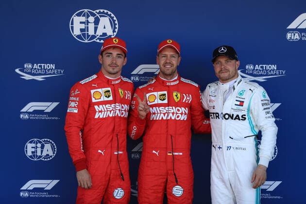 13th October 2019; Suzuka Circuit, Suzuka City, Japan; Formula One Japanese Grand Prix, Qualifying; Scuderia Ferrari, Sebastian Vettel takes pole followed by his team mate Charles Leclerc and Mercedes AMG Petronas Motorsport, Valtteri Bottas - Editorial Use  ActionPlus12176765 LeannexBoon
