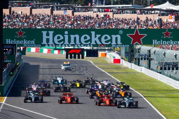 Motorsports: FIA Formula One World Championship, WM, Weltmeisterschaft 2019, Grand Prix of Japan, Start, 77 Valtteri Bottas (FIN, Mercedes AMG Petronas Motorsport), 5 Sebastian Vettel (GER, Scuderia Ferrari Mission Winnow), 16 Charles Leclerc (MCO, Scuderia Ferrari Mission Winnow), 44 Lewis Hamilton (GBR, Mercedes AMG Petronas Motorsport), Suzuka Japan