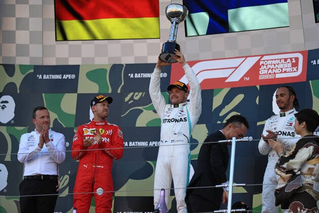 13th October 2019; Suzuka Circuit, Suzuka City, Japan; Formula One Japanese Grand Prix, Race Day; Mercedes AMG Petronas Motorsport, Valtteri Bottas wins in japan followed by Scuderia Ferrari, Sebastian Vettel and Lewis Hamilton - Editorial Use  ActionPlus12176857 LeannexBoon