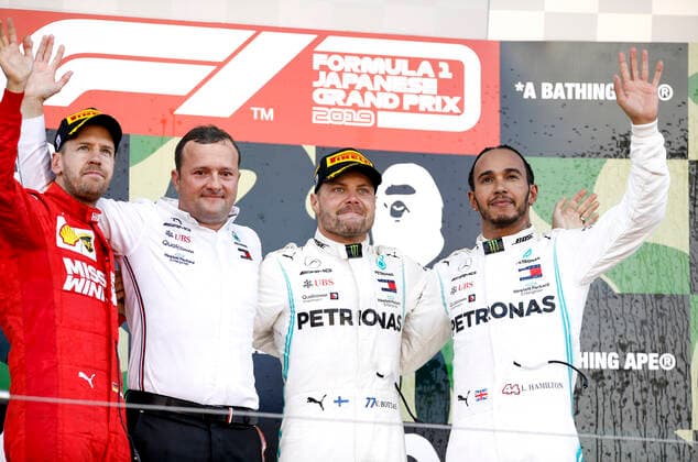 Motorsports: FIA Formula One World Championship, WM, Weltmeisterschaft 2019, Grand Prix of Japan, 5 Sebastian Vettel (GER, Scuderia Ferrari Mission Winnow), Eric Blandin, 77 Valtteri Bottas (FIN, Mercedes AMG Petronas Motorsport), 44 Lewis Hamilton (GBR, Mercedes AMG Petronas Motorsport), Suzuka Japan