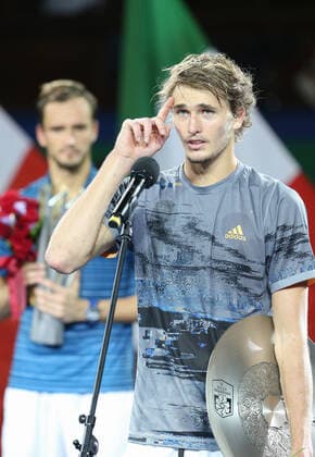 (191013) -- SHANGHAI, Oct. 13, 2019 -- Alexander Zverev(R) of Germany gives a speech during the awarding ceremony of the men s singles final match between Daniil Medvedev of Russia and Alexander Zverev of Germany at 2019 ATP, Tennis Herren Shanghai Masters tennis tournament in Shanghai, east China, on Oct. 13, 2019. ) (SP)CHINA-SHANGHAI-TENNIS-ATP MASTERS(CN) DingxTing 