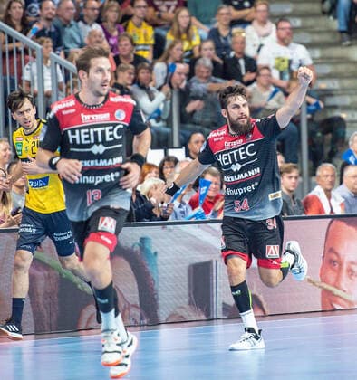 13 10 2019 Handball 1 Bundesliga DKB HBL Season 2019 2020 09 Matchday HC Erlangen Metropolregion Nürnberg HCE Rhein Neckar Löwen OGo Michael Haaß Haass 13, HC Erlangen HCE Quentin Minel 34, HC Erlangen HCE Jubel Freude