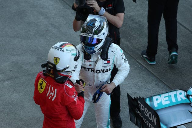 Photo4 LaPresse 13 10 2019 Suzuka, Japan Grand Prix Formula One Japan 2019 In the pic: Celebration in parc fermee, winner Valtteri Bottas (FIN) Mercedes AMG F1 W10 EQ Power witn 2nd place Sebastian Vettel (GER) Scuderia Ferrari SF90  Copyright: xphoto4 Lapressex