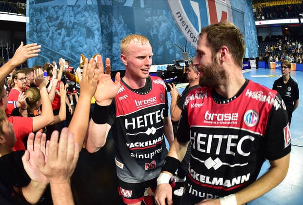 13 10 2019 Handball 1 Bundesliga DKB HBL Season 2019 2020 09 Matchday HC Erlangen Metropolregion Nürnberg HCE Rhein Neckar Löwen OGo Sebastian Firnhaber 18, HC Erlangen HCE Quentin Minel 34, HC Erlangen HCE Jubel Freude nach Spielende
