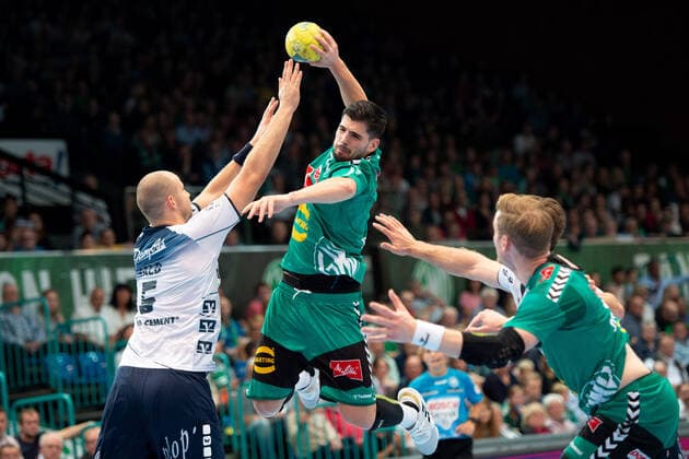 Minden, Germany 13 10 2019 1 Handball Bundesliga 2019 2020 GWD Minden vs SG Flensburg Handewitt L R Marvin Lier Flensburg , Savvas Savvas Minden Minden Nordrhein Westfalen Germany Kampa Halle