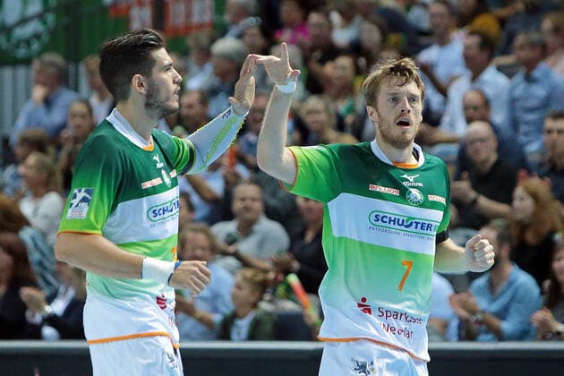 13 10 2019, xovx, Handball HBL, HSG Wetzlar MT Melsungen emspor, v l Jubel with Stefan Cavor HSG Wetzlar and Kristian Bjoernsen HSG Wetzlar , Freisteller DFL DFL REGULATIONS PROHIBIT ANY USE OF PHOTOGRAPHS as IMAGE SEQUENCES and or QUASI VIDEO Wetzlar