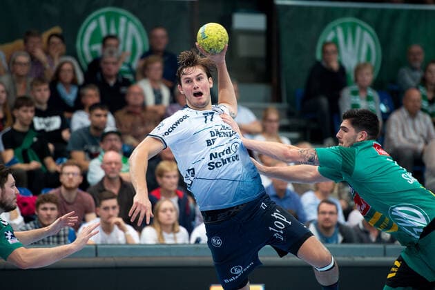 Minden, Germany 13 10 2019 1 Handball Bundesliga 2019 2020 GWD Minden vs SG Flensburg Handewitt L R Magnus Abelvik Rod Röd Flensburg , Savvas Savvas Minden Minden Nordrhein Westfalen Germany Kampa Halle