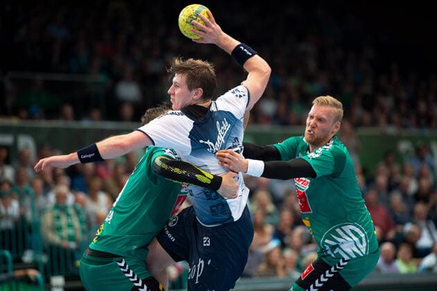 Minden, Germany 13 10 2019 1 Handball Bundesliga 2019 2020 GWD Minden vs SG Flensburg Handewitt M R Goran Göran Sogard Sögard Johannessen Flensburg , Christoffer Rambo Minden Minden Nordrhein Westfalen Germany Kampa Halle