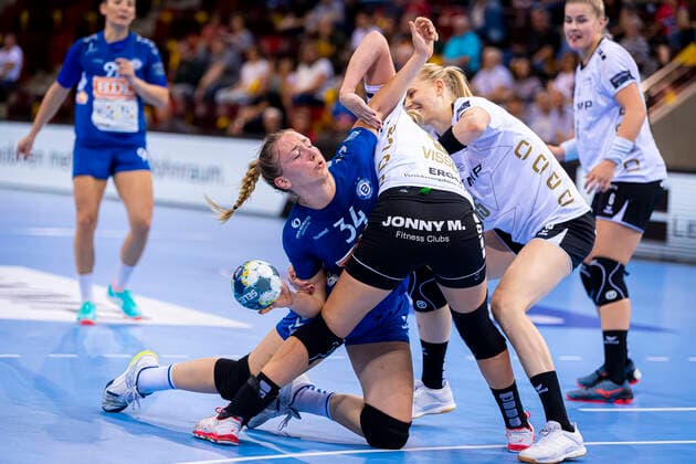 Ludwigsburg, Germany 13 October 2019 CL 19 20 SG BBM Bietigheim vs Buducnost vs. Tatjana Brnovic Buducnost , Maura Visser Bietigheim , Kim Naidzinavicius Bietigheim Ludwigsburg MHP Arena Baden Württemberg Germany