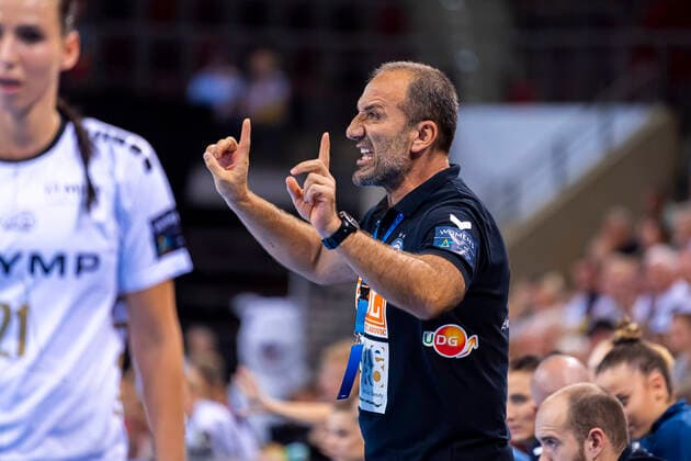 Ludwigsburg, Germany 13 October 2019 CL 19 20 SG BBM Bietigheim vs Buducnost Coach Dragan Adzic Buducnost Ludwigsburg MHP Arena Baden Württemberg Germany