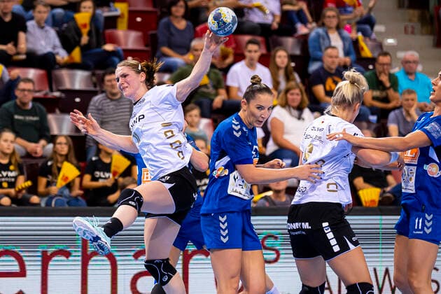 Ludwigsburg, Germany 13 October 2019 CL 19 20 SG BBM Bietigheim vs Buducnost vs Laura van der Heijden Bietigheim , Milena Raicevic Buducnost , Maren Nyland Aardahl Bietigheim , Sanja Vujovic Buducnost Ludwigsburg MHP Arena Baden Württemberg Germany
