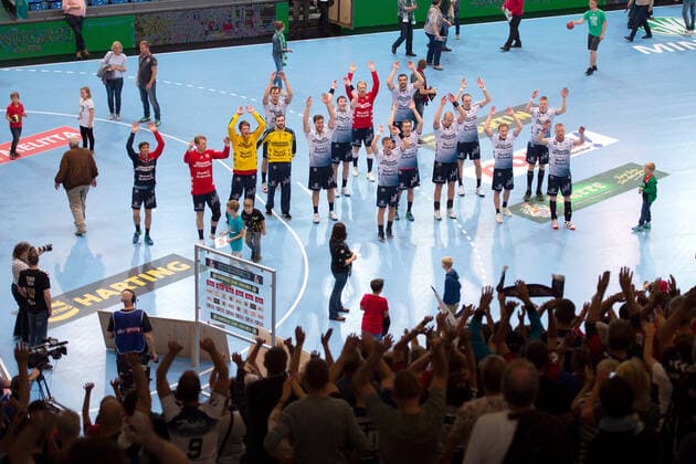 Minden, Germany 13 10 2019 1 Handball Bundesliga 2019 2020 GWD Minden vs SG Flensburg Handewitt Final cheers Flensburg with the fans Minden North Rhine-Westphalia Germany Kampa Halle