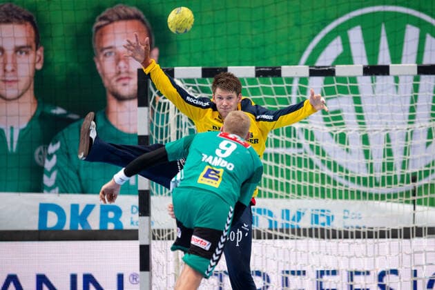 Minden, Germany 13 10 2019 1 Handball Bundesliga 2019 2020 GWD Minden vs SG Flensburg Handewitt L R Torbjorn Torbjörn Bergerud Flensburg , Christoffer Rambo Minden Minden North Rhine-Westphalia Germany Kampa Halle