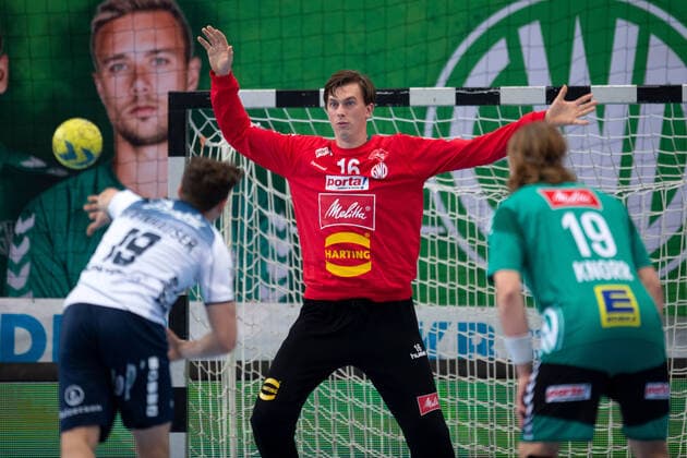 Minden, Germany 13 10 2019 1 Handball Bundesliga 2019 2020 GWD Minden vs SG Flensburg Handewitt L M Marius Steinhauser Flensburg , Malte Semisch Minden Minden North Rhine-Westphalia Germany Kampa Halle