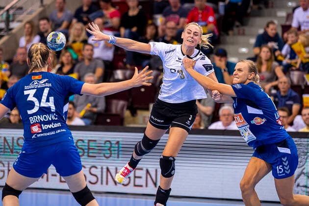 Ludwigsburg, Germany 13 October 2019 CL 19 20 SG BBM Bietigheim vs Buducnost Tatjana Brnovic Buducnost , Maura Visser Bietigheim , Barbara Lazovic Buducnost Ludwigsburg MHP Arena Baden Württemberg Germany