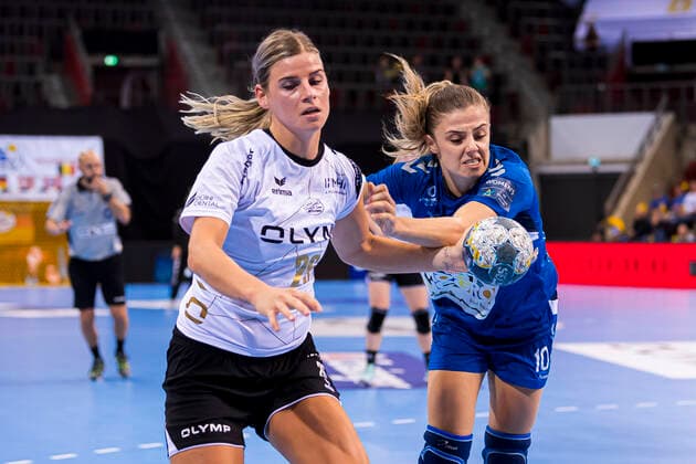 Ludwigsburg, Germany 13 October 2019 CL 19 20 SG BBM Bietigheim vs Buducnost v left in duel Angela Malestein Bietigheim and Matea Pletikosic Buducnost Ludwigsburg MHP Arena Baden Württemberg Germany