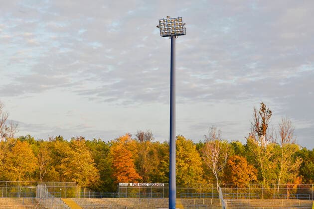 Football Sachsen Cup WSP 3 Round 2019 2020, SV Tapfer 06 Leipzig vs. FSV Zwickau 0 13 0 4 13 10 2019 Transparent For new Grounds lower left behind a floodlight mast in the guest block of Bruno Plache Stadium after the Sachsen Cup match Tapfer Leipzig vs. FSV Zwickau 13 10 2019 Leipzig Sachsen Germany Bruno Plache Stadium