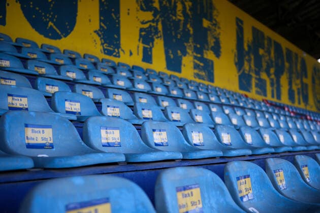 Leipzig, 13 10 2019, Bruno Plache stadium, football, men, Wernesgrüner Sachsenpokal, 3 round , SV Tapfer 06 Leipzig FSV Zwickau 0 13 0 4 , In the picture seats on the historic grandstand in the Bruno Plache stadium ,