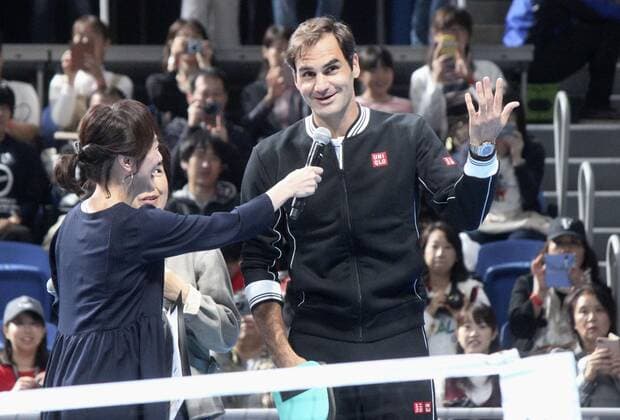 Federer at charity event Tennis player Roger Federer speaks at a charity event in Tokyo on Oct. 14, 2019. 