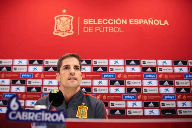 191014 Robert Moreno, head coach of the Spanish national football team, during a press conference on October 14, 2019 in Stockholm Photo Joel Marklund BILDBYRAN kod JM 88052 BBENG fotboll fotball football soccer UEFA Euro Qualifier Spain Spanien press conference presskonferens,  Copyright: JOELxMARKLUND BB191014JM001