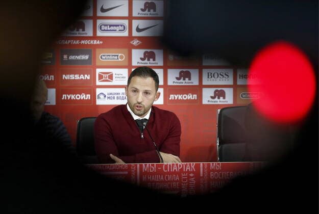 MOSCOW, RUSSIA - OCTOBER 14, 2019: Domenico Tedesco speaks at a news conference at Otkritie Arena announcing his appointment as new head coach of FC Spartak Moscow. Artyom Geodakyan TASS  TS0BED54