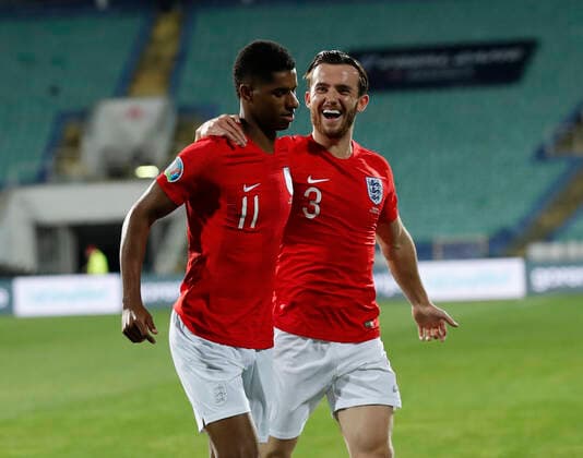 Marcus Rashford of England celebrates with Ben Chilwell of England during the UEFA EURO, EM, Europameisterschaft,Fussball 2020 Qualifying match at the Vasil Levski National Stadium, Sofia. Picture date: 14th October 2019. Picture credit should read: David Klein Sportimage EDITORIAL USE ONLY. No use with unauthorised audio, video, data, fixture lists, club league logos or live services. Online in-match use limited to 120 images, no video emulation. No use in betting, games or single club league player publications. SPI-0253-0056