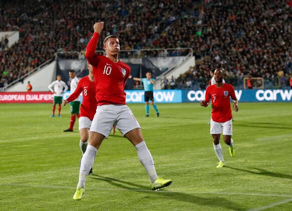 Ross Barkley of England celebrates his second goal of the night during the UEFA EURO, EM, Europameisterschaft,Fussball 2020 Qualifying match at the Vasil Levski National Stadium, Sofia. Picture date: 14th October 2019. Picture credit should read: David Klein Sportimage EDITORIAL USE ONLY. No use with unauthorised audio, video, data, fixture lists, club league logos or live services. Online in-match use limited to 120 images, no video emulation. No use in betting, games or single club league player publications. SPI-0253-0076