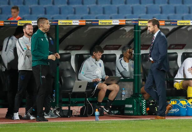 Gareth Southgate manager of England walks over to talk to the fourth official during the UEFA EURO, EM, Europameisterschaft,Fussball 2020 Qualifying match at the Vasil Levski National Stadium, Sofia. Picture date: 14th October 2019. Picture credit should read: David Klein Sportimage EDITORIAL USE ONLY. No use with unauthorised audio, video, data, fixture lists, club league logos or live services. Online in-match use limited to 120 images, no video emulation. No use in betting, games or single club league player publications. SPI-0253-0088