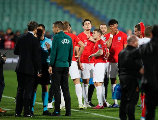 Harry Maguire and Tyrone Mings of England look on as racism is reported to UEFA officials during the UEFA EURO, EM, Europameisterschaft,Fussball 2020 Qualifying match at the Vasil Levski National Stadium, Sofia. Picture date: 14th October 2019. Picture credit should read: David Klein Sportimage EDITORIAL USE ONLY. No use with unauthorised audio, video, data, fixture lists, club league logos or live services. Online in-match use limited to 120 images, no video emulation. No use in betting, games or single club league player publications. SPI-0253-0093