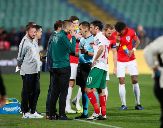 Referee talks to officials during the UEFA EURO, EM, Europameisterschaft,Fussball 2020 Qualifying match at the Vasil Levski National Stadium, Sofia. Picture date: 14th October 2019. Picture credit should read: David Klein Sportimage EDITORIAL USE ONLY. No use with unauthorised audio, video, data, fixture lists, club league logos or live services. Online in-match use limited to 120 images, no video emulation. No use in betting, games or single club league player publications. SPI-0253-0102