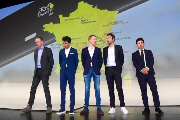 Radsport, Präsentation der Etappen der Tour de France 2020 FROOME Chris (GBR) of TEAM INEOS, BERNAL GOMEZ Egan Arley (COL) of TEAM INEOS, KRUIJSWIJK Steven (NED) of TEAM JUMBO - VISMA, PINOT Thibaut (FRA) of GROUPAMA - FDJ and EWAN Caleb (AUS) of LOTTO SOUDAL pictured CYCLISME : Presentation du parcours du Tour de France 2020 - Paris - 15 10 2019 PhotoNews Panoramic 