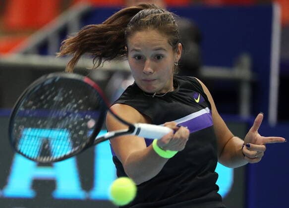 MOSCOW, RUSSIA - OCTOBER 15, 2019: Russia s Daria Kasatkina returns the ball during the women s singles 1st round match against Ukraine s Dayana Yastremska at the 2019 VTB Kremlin Cup International Tennis Tournament at the Krylatskoye Ice Palace. Mikhail Tereshchenko TASS  TS0BEEEF