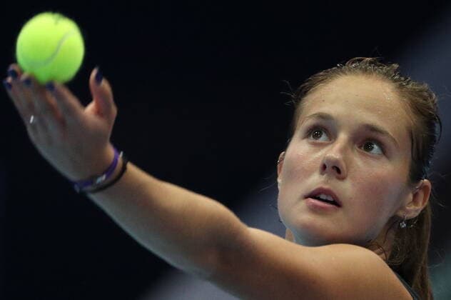 MOSCOW, RUSSIA - OCTOBER 15, 2019: Russia s Daria Kasatkina serves the ball during the women s singles 1st round match against Ukraine s Dayana Yastremska at the 2019 VTB Kremlin Cup International Tennis Tournament at the Krylatskoye Ice Palace. Mikhail Tereshchenko TASS  TS0BEF16