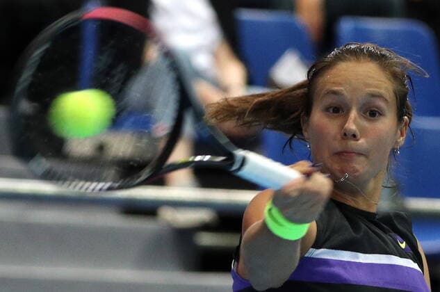 MOSCOW, RUSSIA - OCTOBER 15, 2019: Russia s Daria Kasatkina during the women s singles 1st round match against Ukraine s Dayana Yastremska at the 2019 VTB Kremlin Cup International Tennis Tournament at the Krylatskoye Ice Palace. Mikhail Tereshchenko TASS  TS0BEF1E