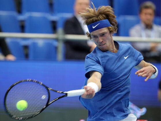 MOSCOW, RUSSIA - OCTOBER 15, 2019: Russia s Andrey Rublev returns the ball during the men s singles 1st round match against Kazakhstan s Alexander Bublik at the 2019 VTB Kremlin Cup International Tennis Tournament at the Krylatskoye Ice Palace. Mikhail Tereshchenko TASS  TS0BEFC0