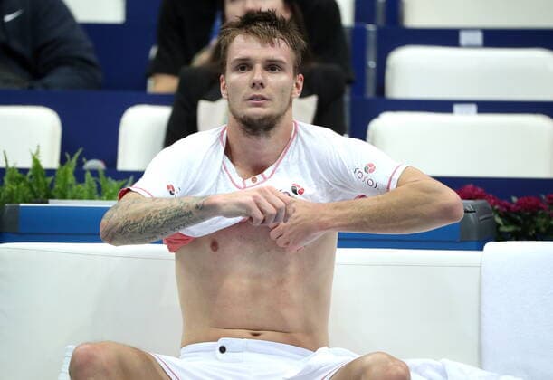 MOSCOW, RUSSIA - OCTOBER 15, 2019: Kazakhstan s Alexander Bublik during a break in the men s singles 1st round match against Russia s Andrey Rublev at the 2019 VTB Kremlin Cup International Tennis Tournament at the Krylatskoye Ice Palace. Mikhail Tereshchenko TASS  TS0BEFC3